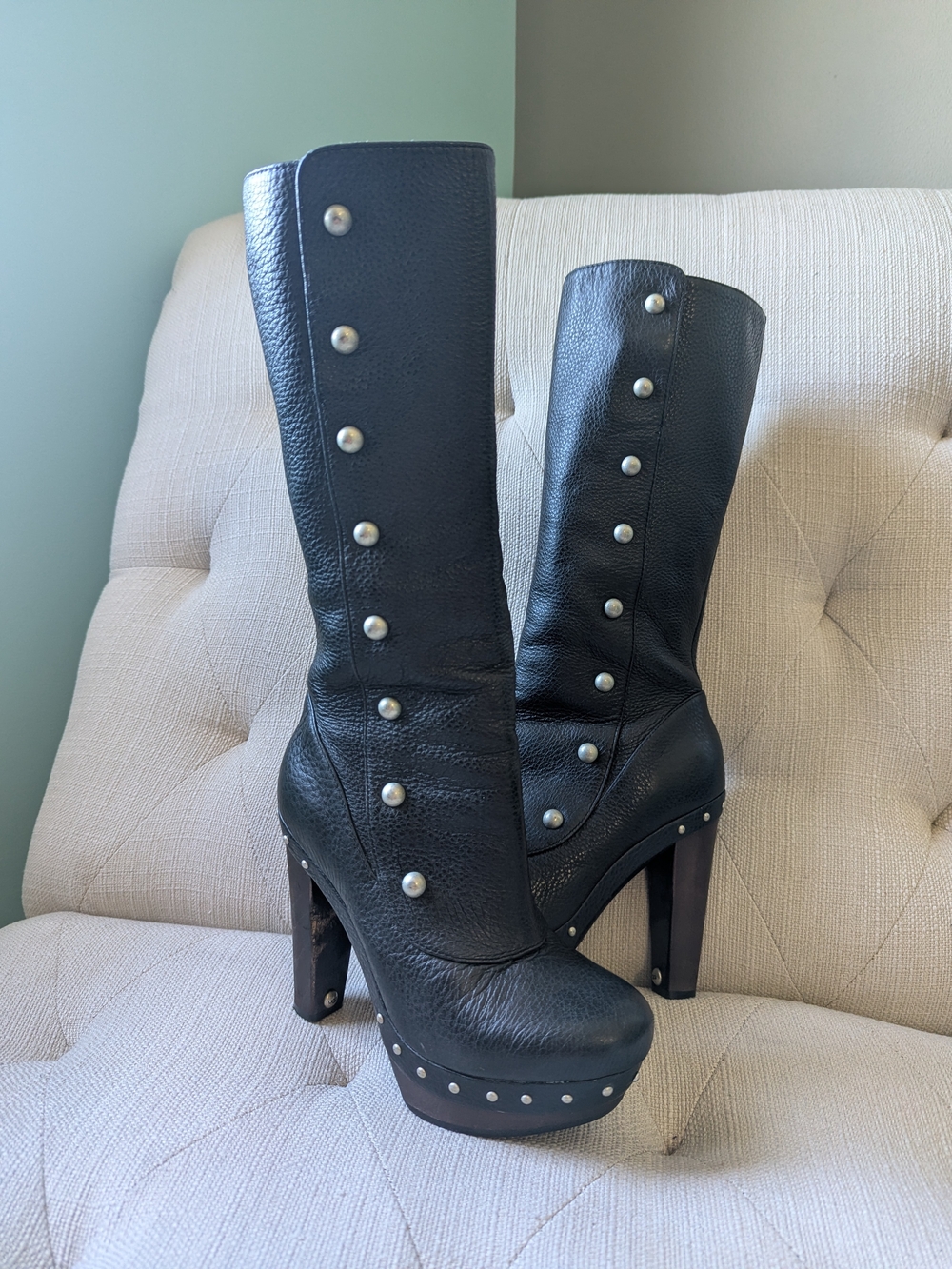 UGG Vintage Black Knee-High Platform Boots with Stud Accents